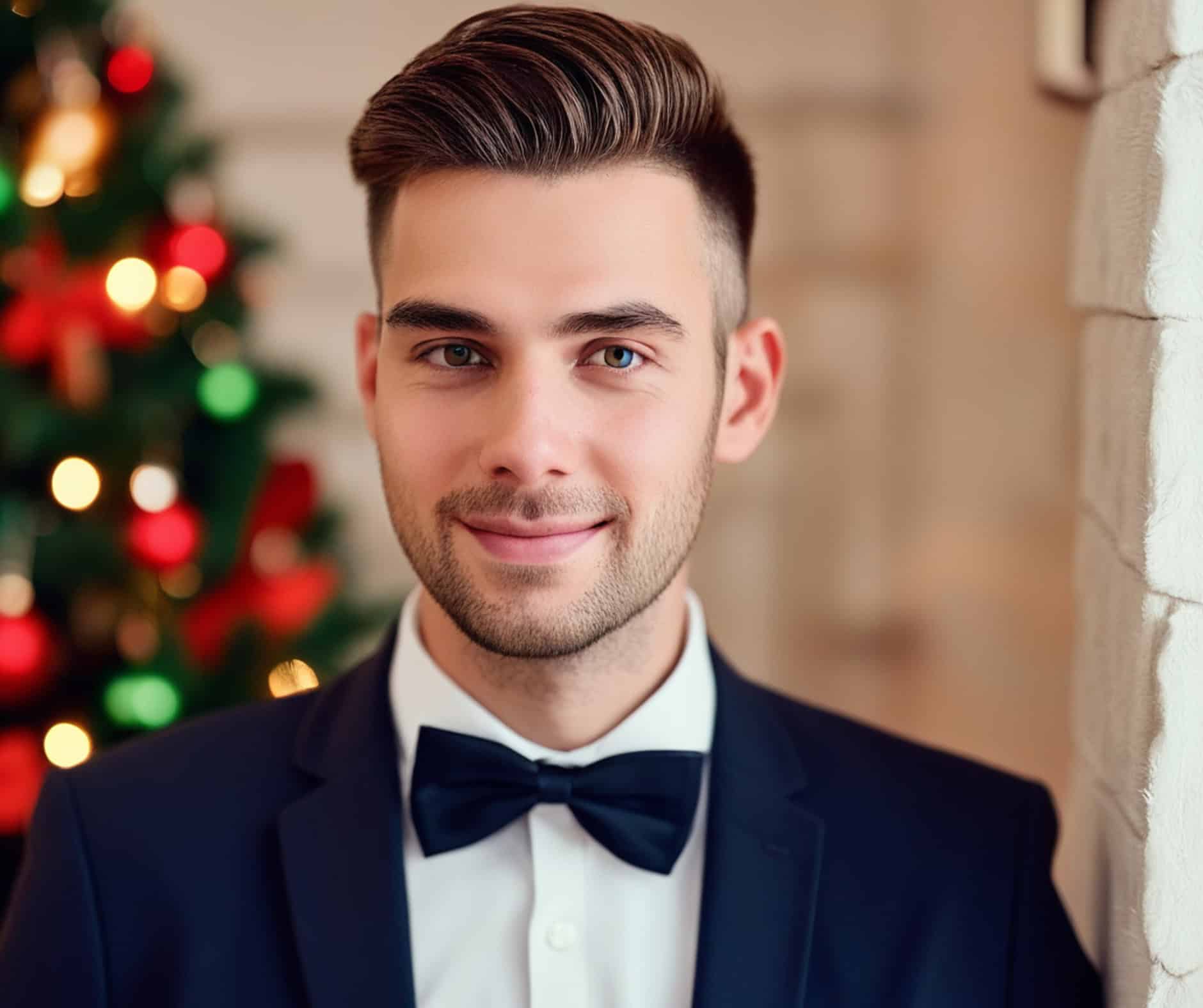 Man dressed in suit standing in front of Christmas tree